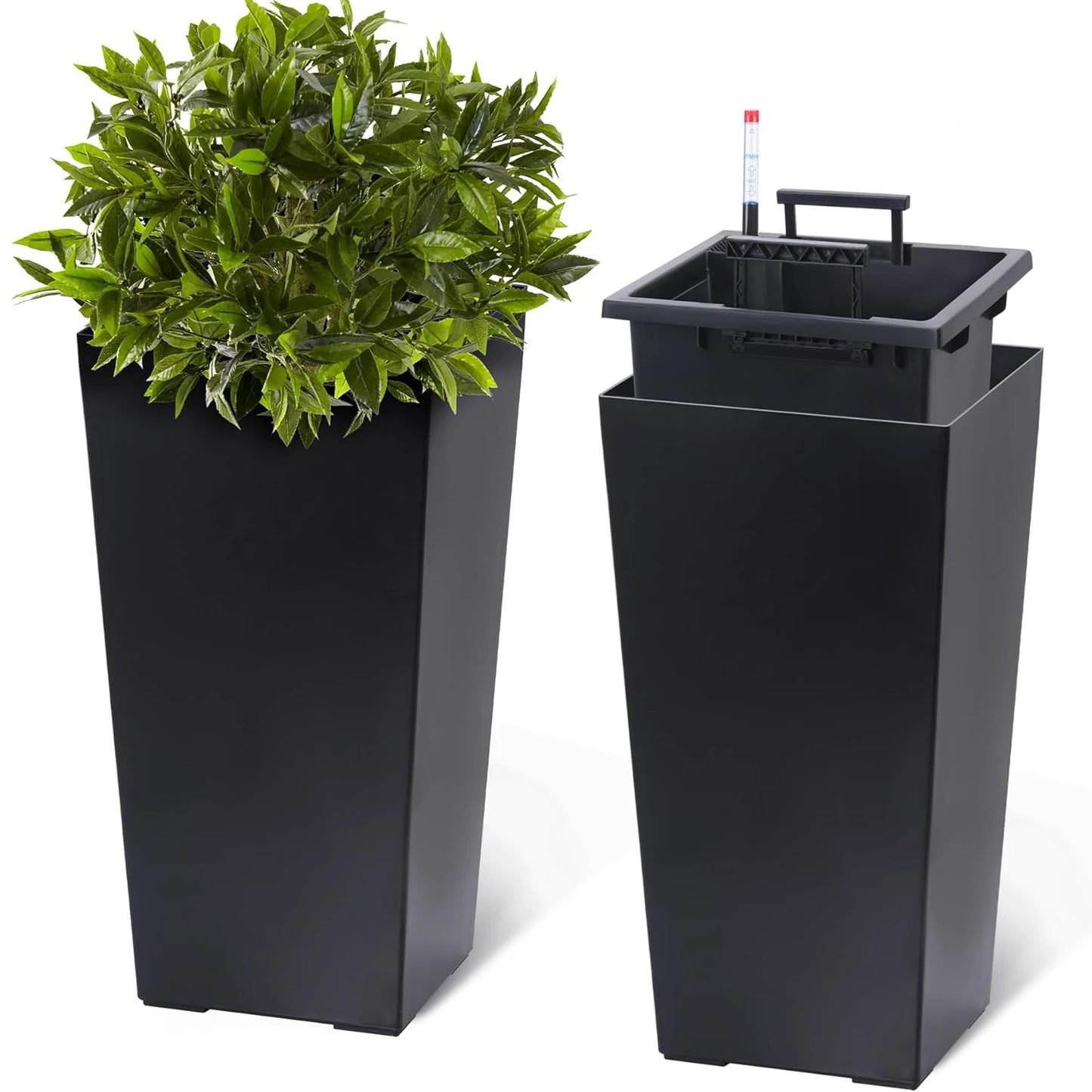 2 PCS 22.4 Inch Tall Planter Indoor & Outdoor Black Taper Planter with Shelf Insert Self-Absorbing Plastic Flower Pots