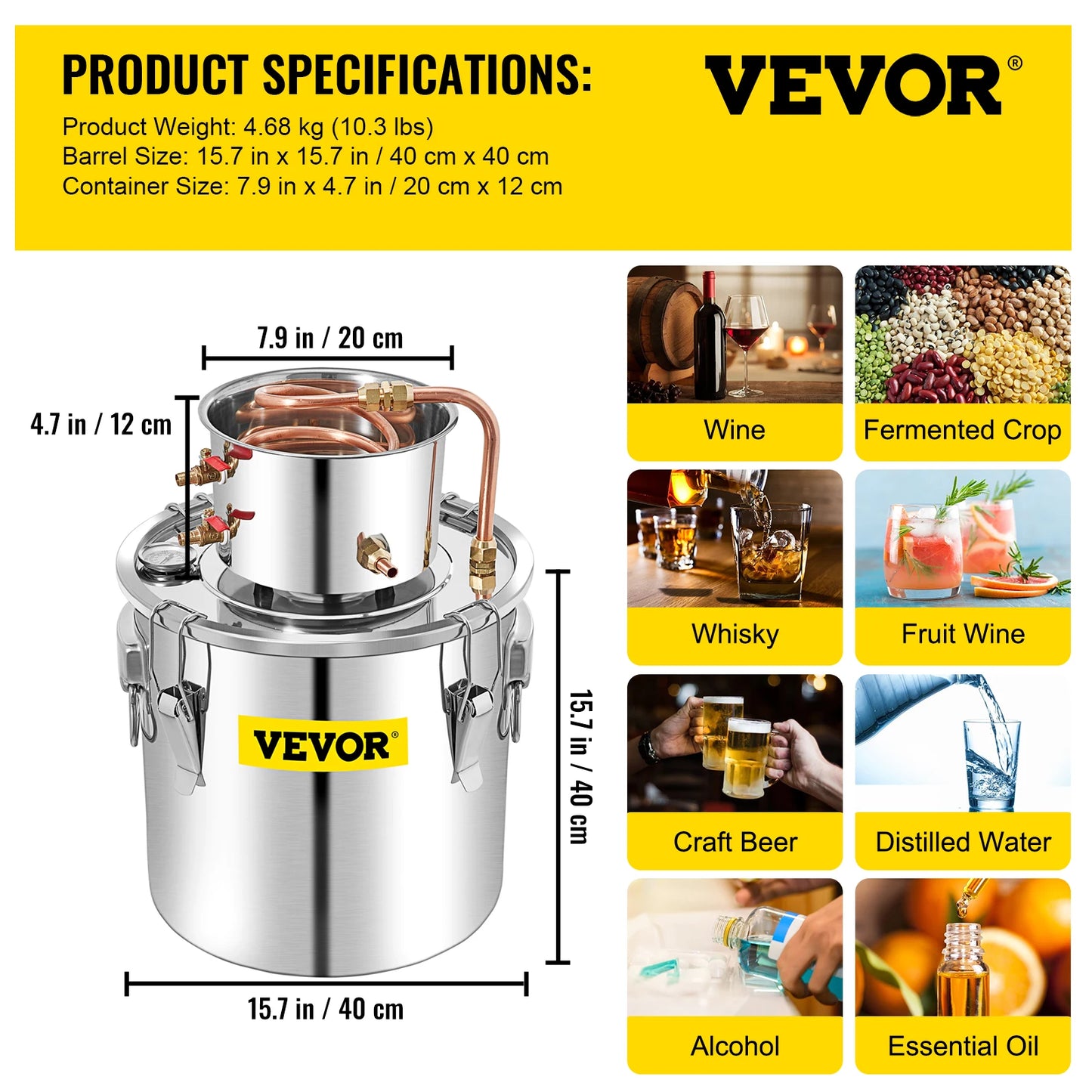 SucceBuy 50L Moonshine Still Alcohol Distiller w/ Water Pump Stainless Copper Home Brew Ethanol Wine Essential Oil Brewing Kit