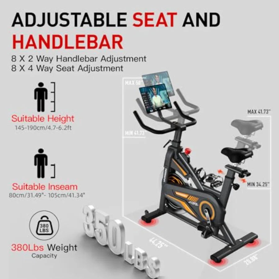 Indoor stationary exercise bike for home fitness with 350 lb weight capacity magnetic resistance workout bike featuring Bluetoo