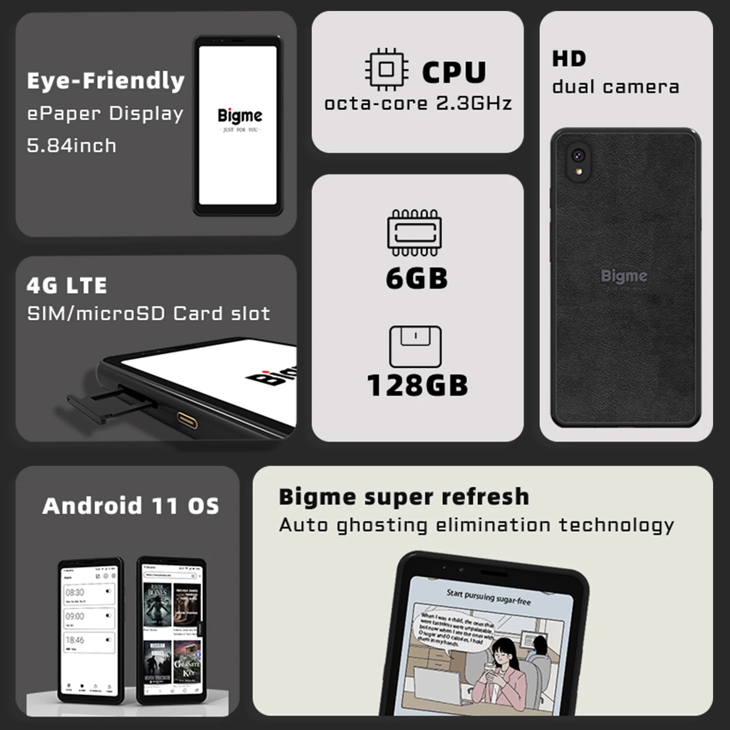 BIGME Hibreak Ebook Reader 5.84-inch E-ink Smartphone Electronic Book Ereader Android 11 Support Google Play e ink phone Tablet