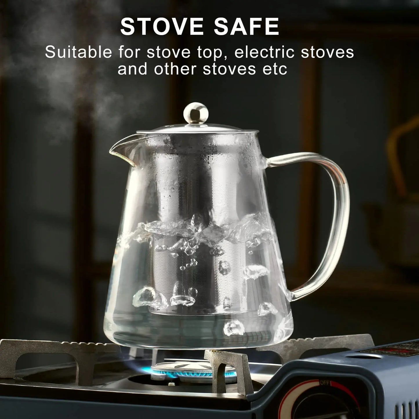 Glass Teapot Stovetop with Removable 18/8 Stainless Steel Infuser, suitable for camping