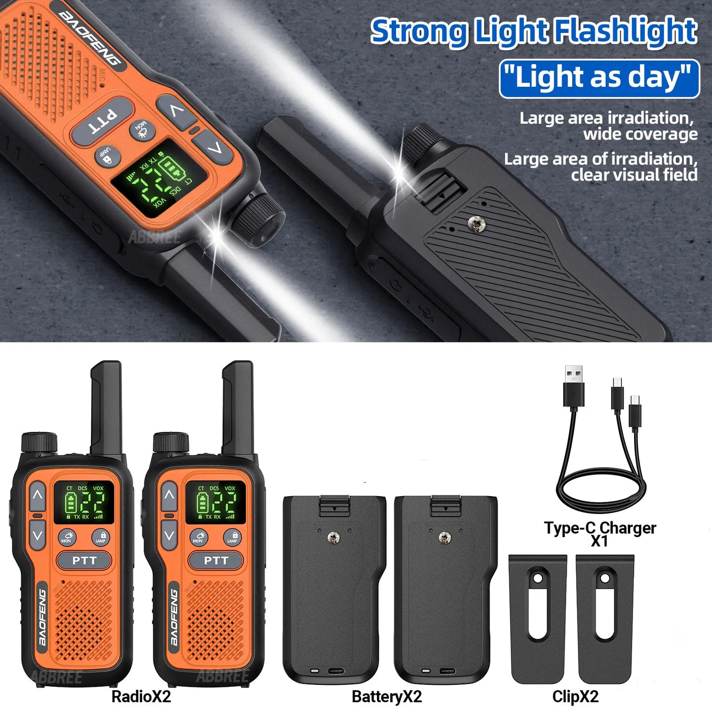 2X BAOFENG FRS Walkie Talkies Long Range Walkie Talkie NOAA VOX Flashlight Type-C Portable Two Way Radio For Restaurant Camping