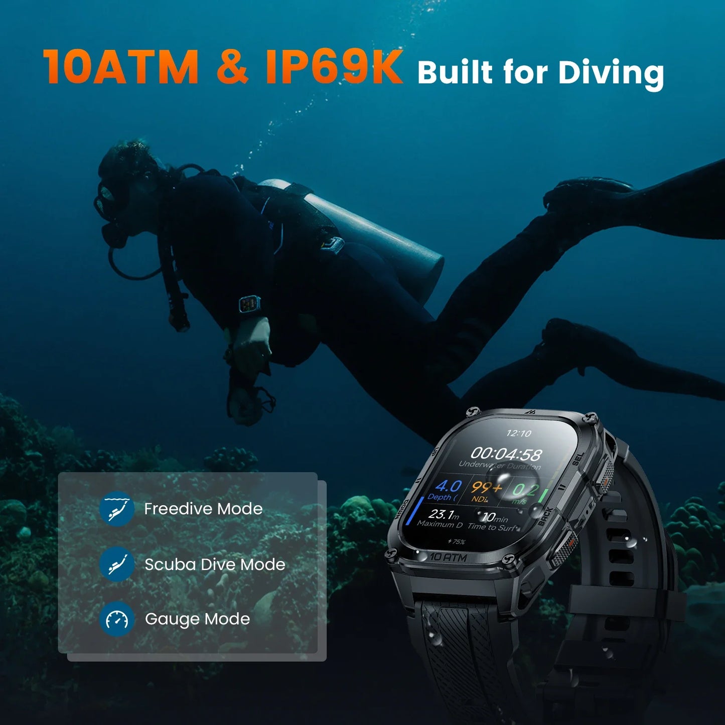 KOSPET Tank M4 Rugged Smart Watch Stainless Steel GPS Offline Maps 10ATM 45M Freediving 24/7 Health Monitor for Android iOS