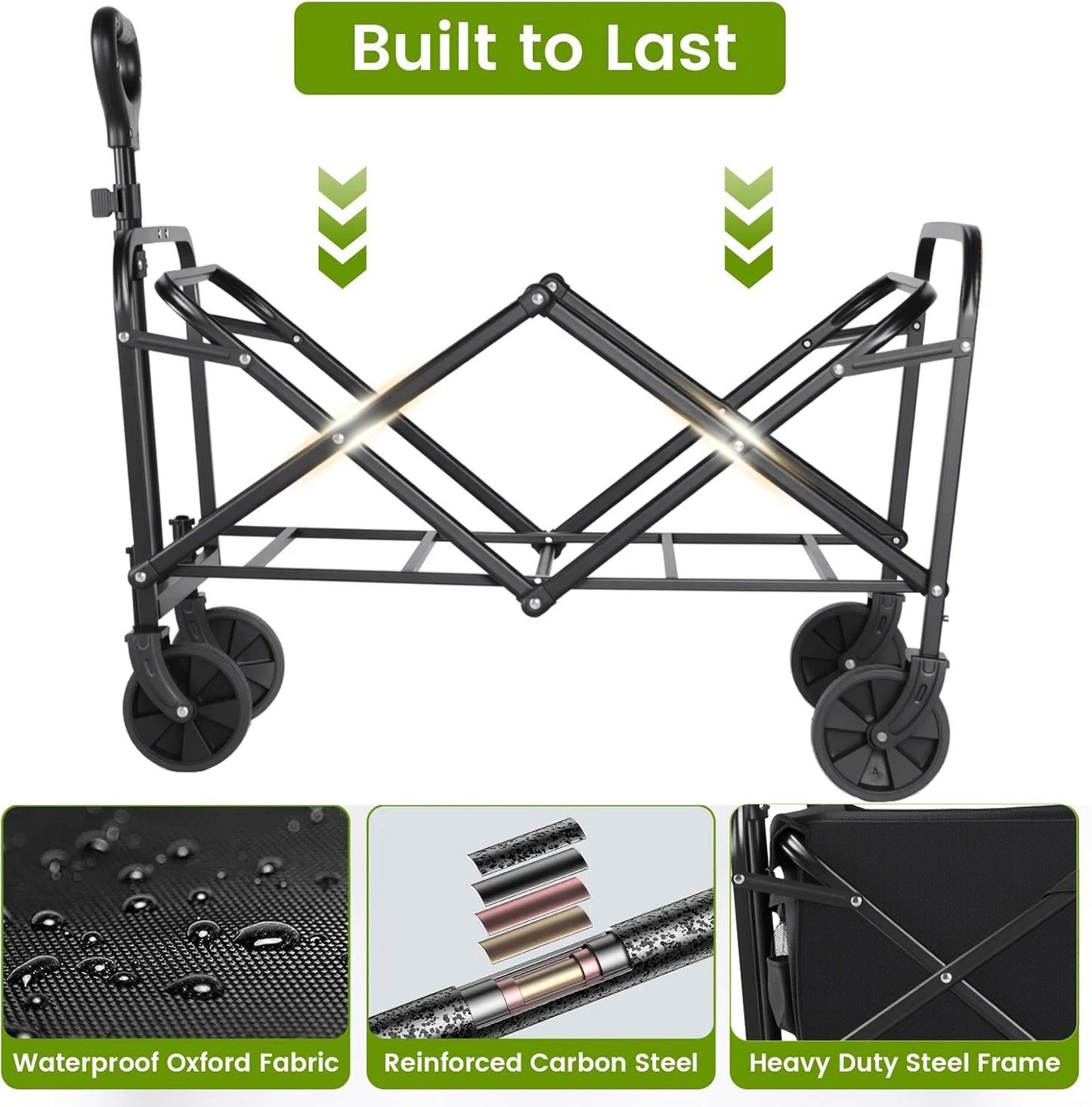 Heavy Duty Wagon Carts Foldable, Portable Wagons for Groceries, Beach Cart with All-Terrain Wheels  Drink Holders, Utility Wagon