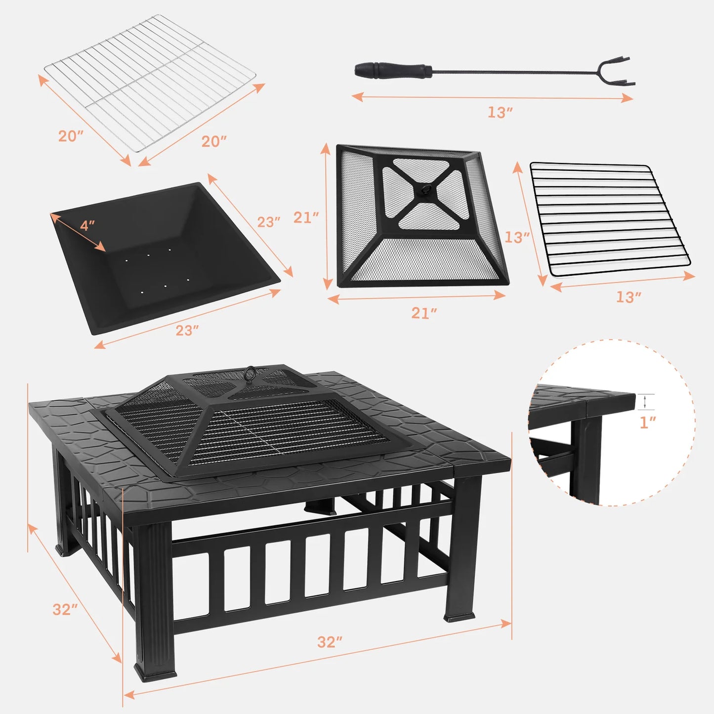 AOOU Steel Fire Pits for Outside, 32'' Square Wood Burning Fire Pit Table, Outdoor Patio BBQ Firepit Bonfire Party