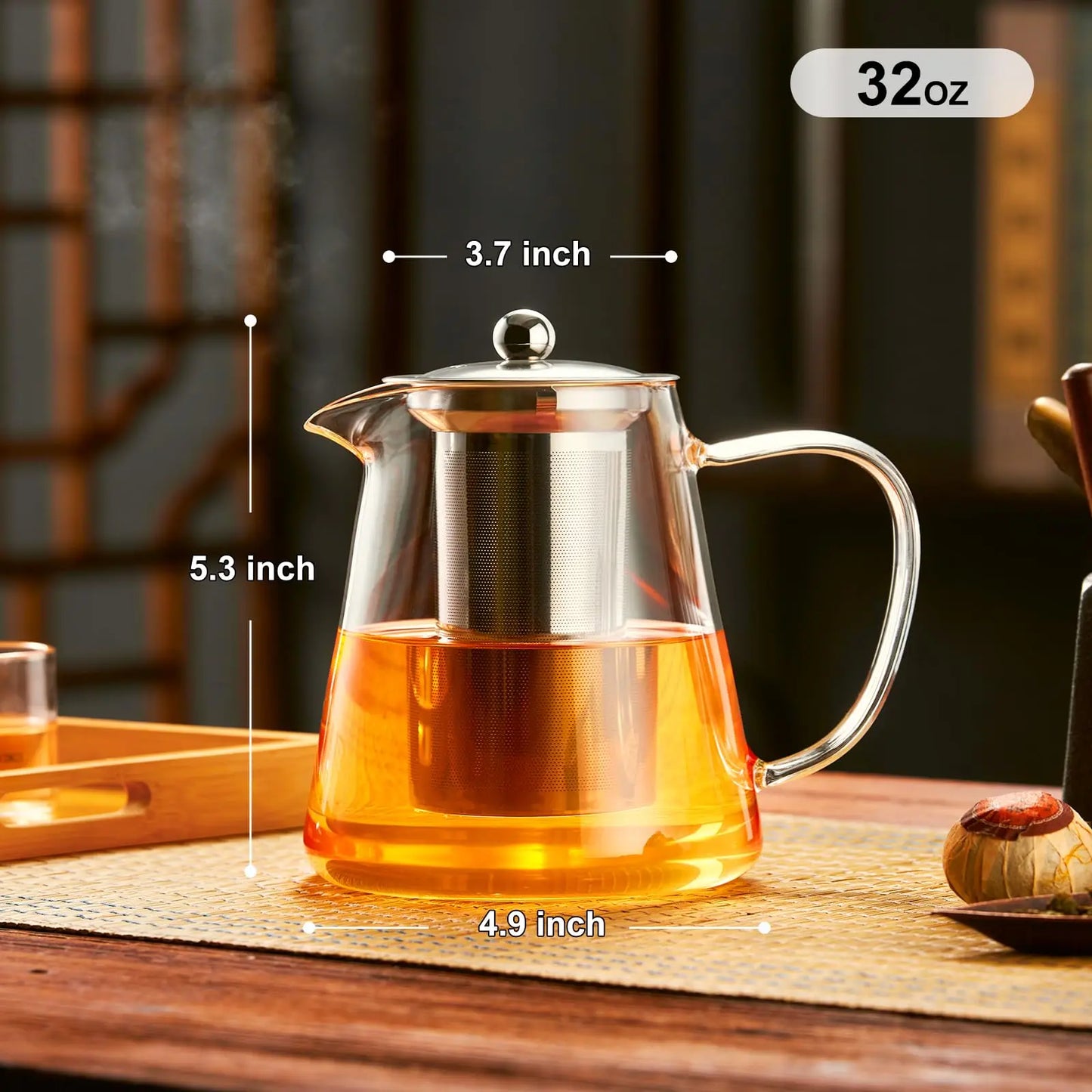 Glass Teapot Stovetop with Removable 18/8 Stainless Steel Infuser, suitable for camping