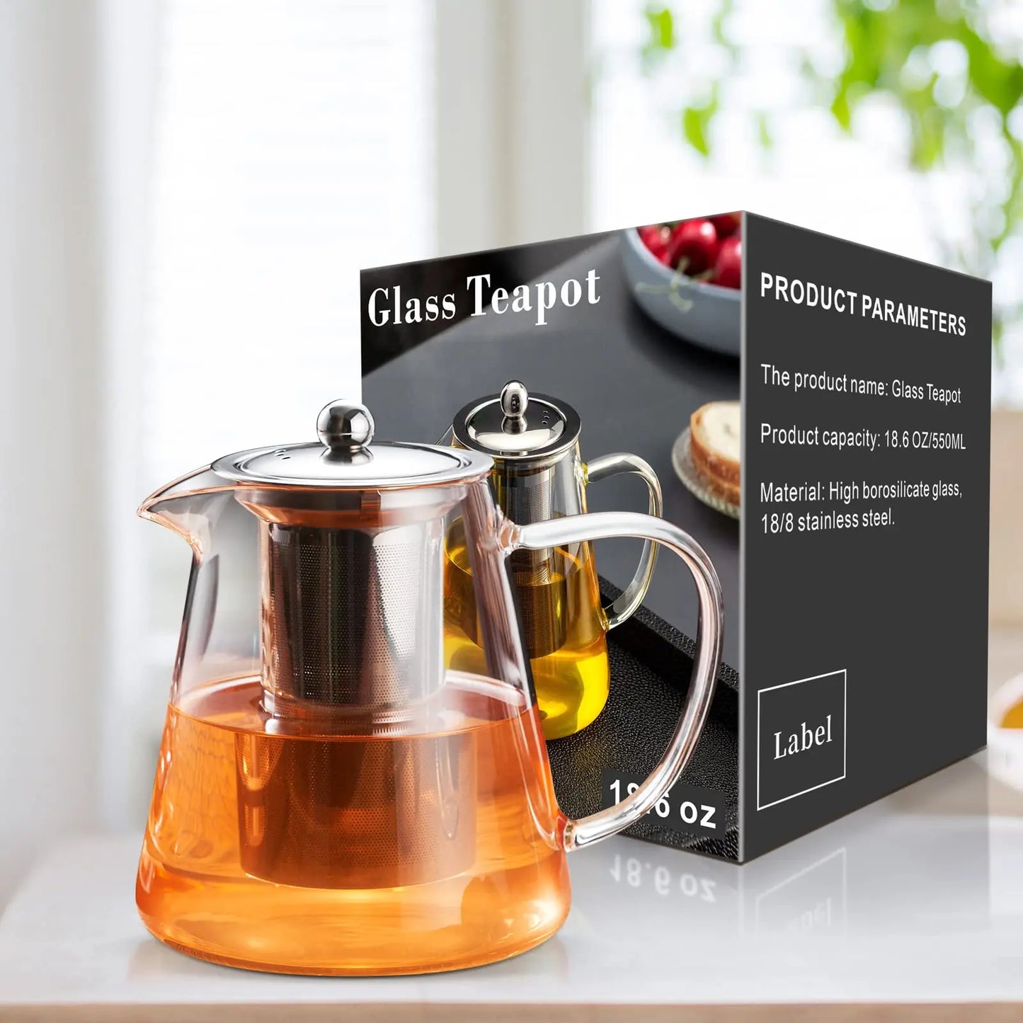 Glass Teapot Stovetop with Removable 18/8 Stainless Steel Infuser, suitable for camping