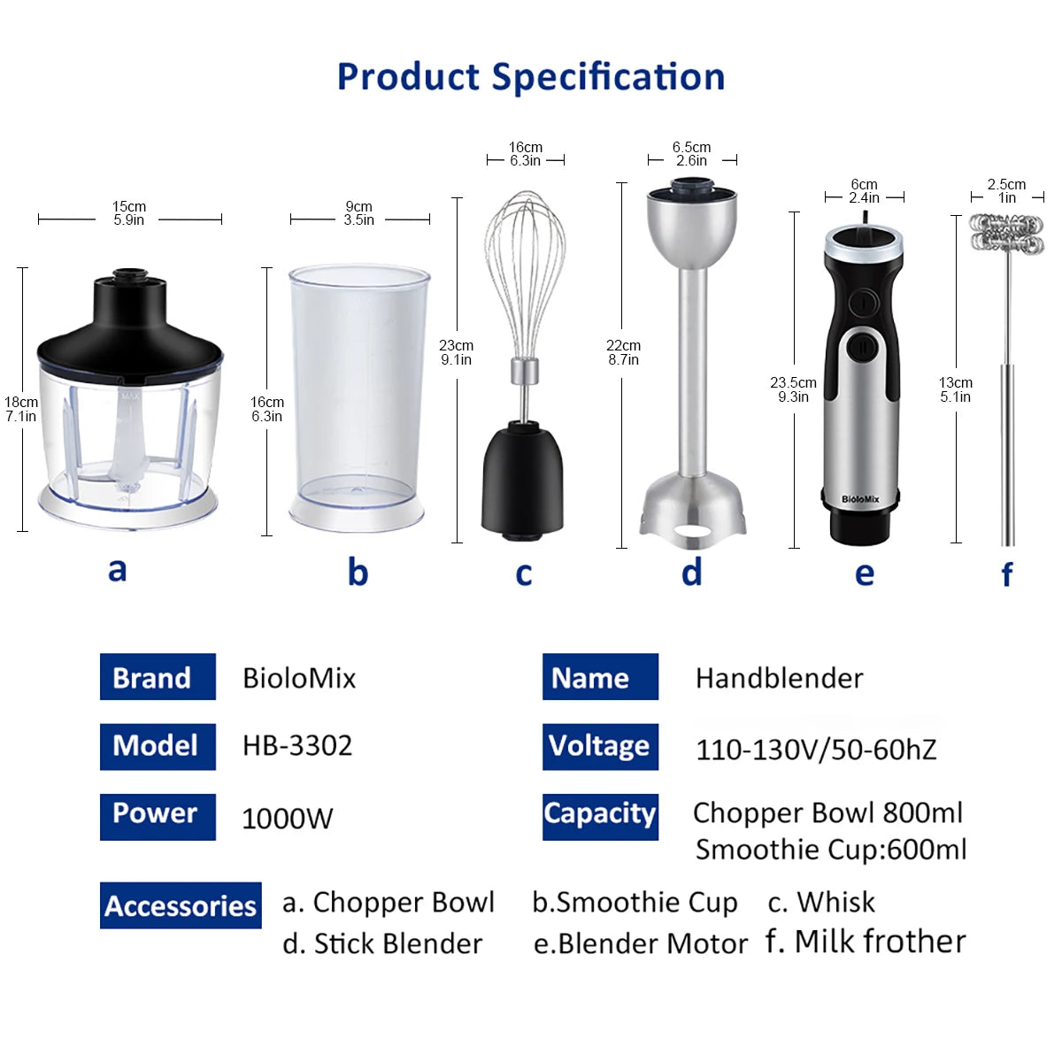 BioloMix 1200W 5-in-1 Immersion Hand Stick Blender Mixer Vegetable Meat Grinder 800ml Chopper Whisk 600ml Smoothie Cup