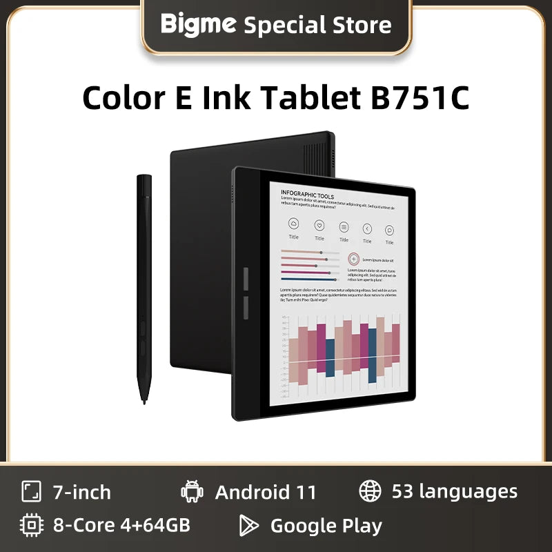 BIGME B751C Ebook Reader, 7 inch Color E-ink Screen Tablet, Portable Electronic Book ereader, Android 11 OS, support Google Play